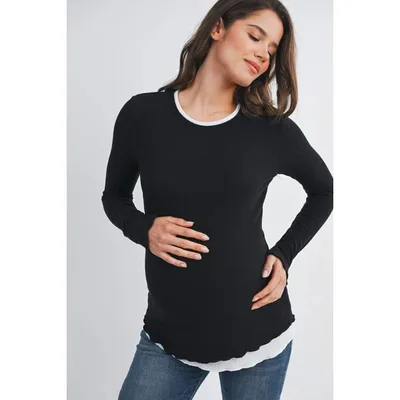 Target Hello Miz Women's Ribbed Layer Contrast Long Sleeve Maternity Top - Black/White - Large
