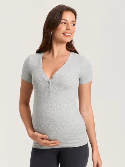 Momanda Cotton Rib Henley Maternity Short Sleeve Shirts