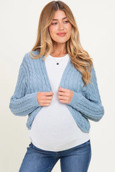 PinkBlush Blue Dolman Sleeve Boho Cable Knit Maternity Cardigan