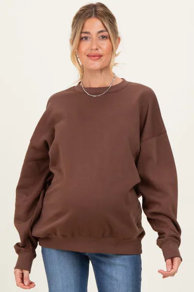 PinkBlush Brown Oversized Maternity Fleece Sweatshirt