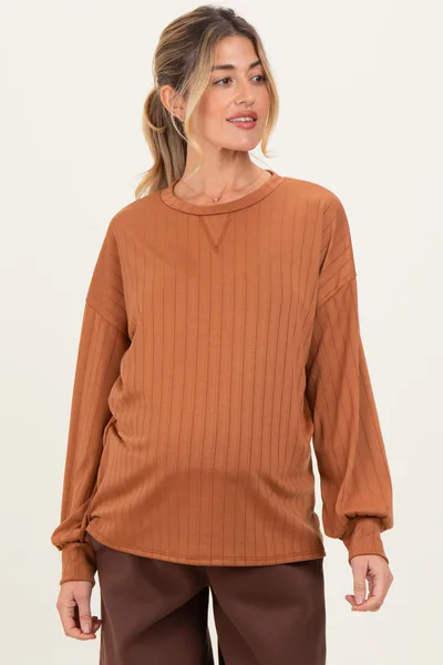 PinkBlush Camel Ribbed Knit Bubble Sleeve Maternity Pullover Top