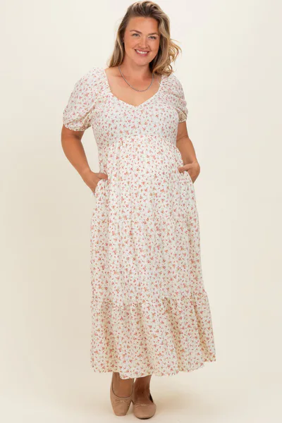 PinkBlush Ivory Floral V-Neck Maternity Plus Maxi Dress