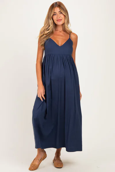 PinkBlush Navy Linen Blend Sleeveless Maternity Maxi Dress