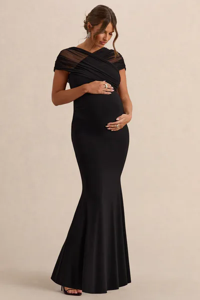 Club L London Elin | Black Bardot-Neck Maternity Maxi Dress