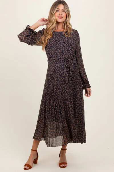 PinkBlush Navy Blue Floral Front Tie Pleated Maternity Midi Dress