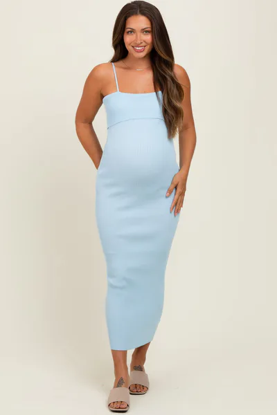 PinkBlush Light Blue Rib Knit Off Shoulder Fitted Maternity Midi Dress